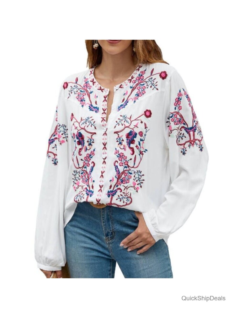 Womens Embroidered Peasant Tunic Top Long Sleeve Cotton Rayon Fall Blouse